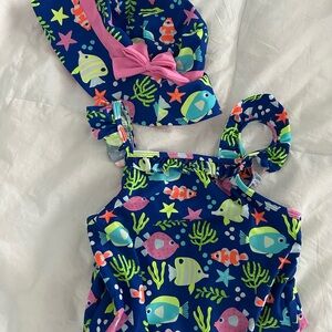 Gymboree Fish Print Kids Swim One Piece with matching hat
